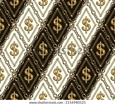 Seamless vintage diagonal pattern with gold dollar sign, chain, beads. Geometric rhombus grid. Classic black and white background. Vector illustration