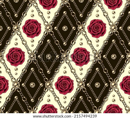 Seamless vintage diagonal pattern with gold chain, beads, crimson roses. Geometric rhombus grid. Classic black and white background. Vector illustration