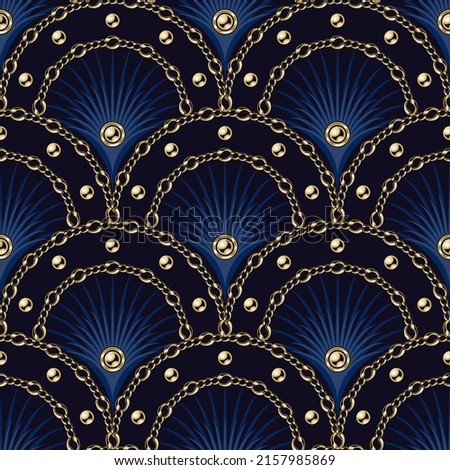 Seamless blue pattern with fan shaped grid, gold chains, ball beads, thin color rays inside of grid cell. Classic luxury background.