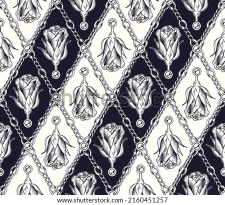 Seamless vintage diagonal pattern with chains, beads, roses. Geometric rhombus grid. Classic background. Monochrome black and white vector illustration