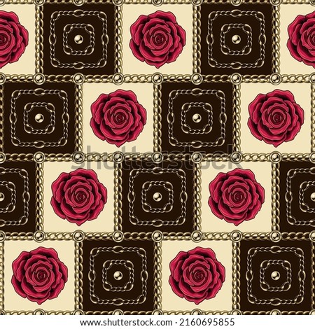 Square geometric pattern with crimson roses. gold chains, ball beads. Diagonal ornament with dark brown and white squares. Vector Illustration.