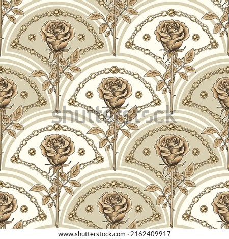 Seamless pattern with diagonal shell shaped grid, outline roses, chains, beads. Classic beige monochrome background. Vector