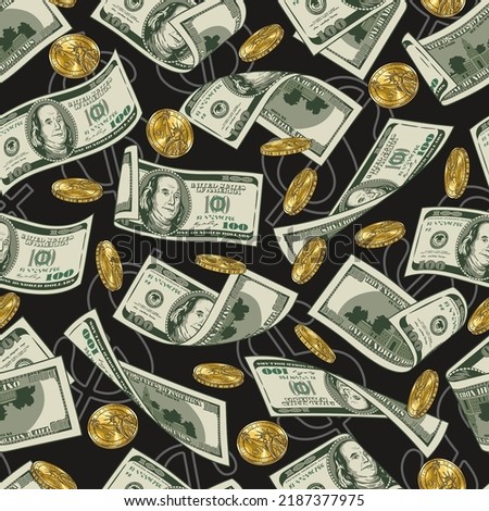 Money seamless pattern with one hundred US dollar bills, gold coins on a black background. Falling, folded, twisted, flying dollar banknotes. Detailed vector illustration.