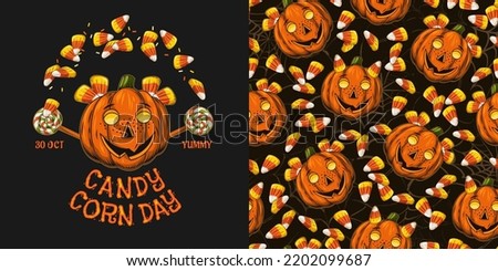 Set of halloween pattern, logo with candy corn, pumpkin head stylized as smiling mischievous kids with freckles. Vector illustration for National Candy Corn Day in vintage style Stockfoto © 