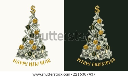 Money Christmas tree made of falling 100 dollar banknotes into heap of money. Pile of cash money. Color isolated vector illustration in vintage style.