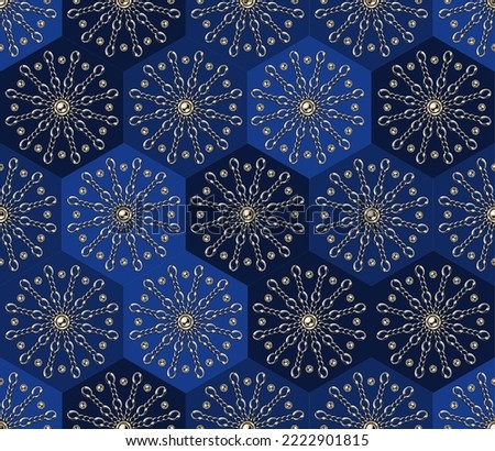 Seamless hexagonal geometric pattern with stars like snowflakes made of gold chains and beads, buttons. Blue background. Vector Illustration.