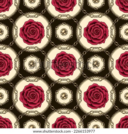 Seamless geometric pattern with crimson roses, round elements made of gold chains, beads arranged in staggered manner. Classic jewelry background