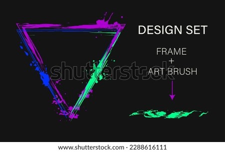 Set of design elements, triangular frame, grunge art brush. Geometric shape with copy spase, paint brush strokes, spattered paint of neon bright colors. Virtual abstract clip art