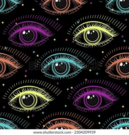 Pattern with human eye. Concept of all seeing eye, harmony of universe, wisdom, knowledge, extended, expanded mind. Colorful psychedelic surreal illustration. Good for groovy, hippie, mystical style.