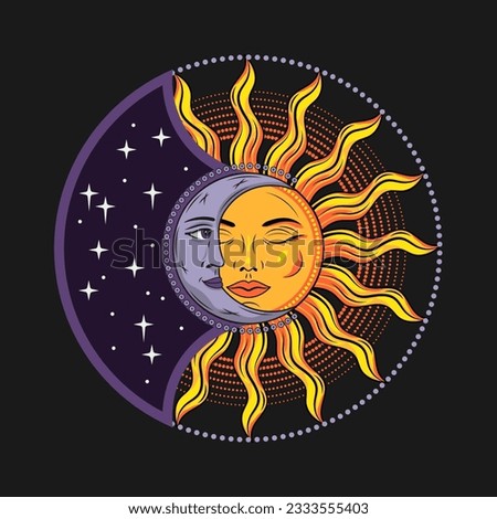 Eclipse with sun, crescent moon. Mythological medieval fairytale characters with face, magic, mystical, astrology symbols. Design for tattoo, astrology, stickers, tarot. Retro style.