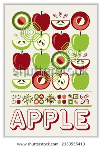 Vertical A4 poster with fruit apple, abstract shapes in simple geometric bauhaus style. Good for branding, decoration of food package, cover design, decorative print, background, wall decoration