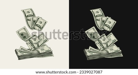 Falling, flying from above 100 dollar banknotes into stack dollar bills. Pile of cash money. Color isolated vector illustration in vintage style.