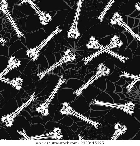 Halloween simple pattern with half broken off bone in vintage style. Black and white illustration for Halloween holiday. Grunge silhouette of distorted spider web behind