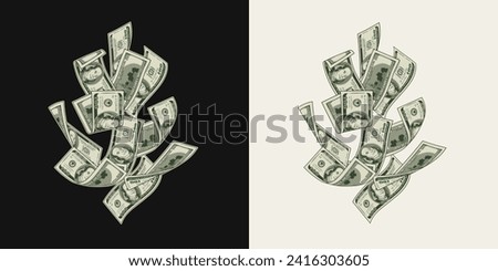 Falling, flying 100 dollar banknotes, dollar notes. Pile of cash money. Composition, design element in vintage style.