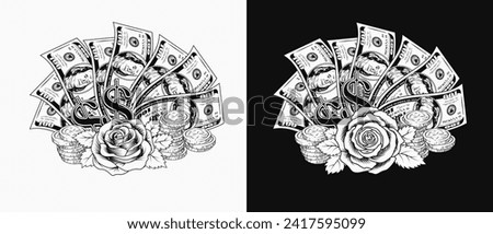 Composition with US 100 dollar bills fan, stacks of coins, dollar sign, rose flower. Cash money. Concept of success and luck. Illustration on black, white background.