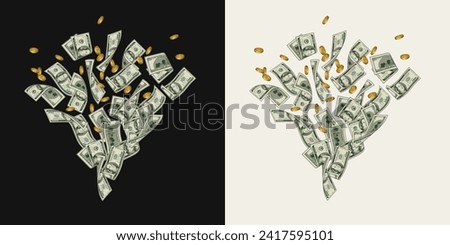 Money dollar composition like fountain, firework with pile of flying apart 100 dollar notes, banknotes, golden coins. Composition, design element in vintage style.