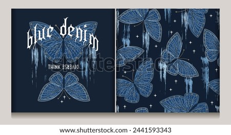 Logo, label, seamless pattern with denim butterfly, smudged, smeared paint, small stars. Boho mystery design. For clothing, t shirt, surface design.