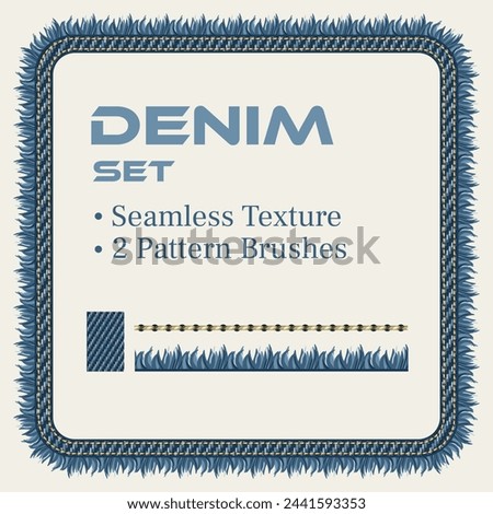 Set of design elements for denim style. Square frame, blue jeans fabric texture, denim fringe pattern brush, stitch pattern brush. Vintage style.