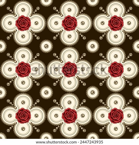 Victorian jewelry seamless pattern with golden chains, beads, red roses. Flower motif in classic grid composition. Detailed high contrast illustration in luxury vintage style.