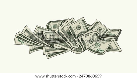 Heap of folded 100 dollar banknotes, bills. Pile of cash money. Color isolated vector illustration in vintage style.