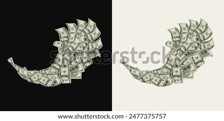 Money dollar horizontal composition like wave with 100 dollar notes, banknotes, bills. Illustration, design element in vintage style.