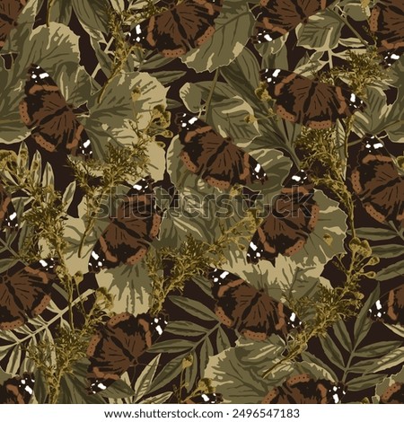 Brown camouflage seamless pattern with lush foliage, leaves, butterfly. Wild nature. For apparel, fabric, textile, sport goods design.