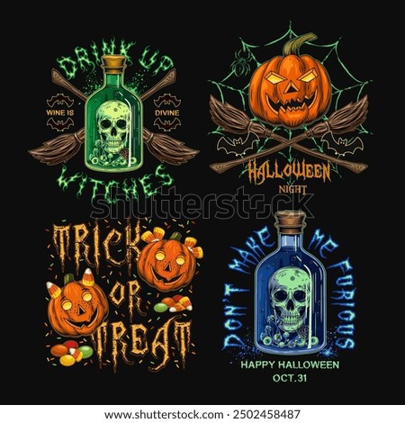 Labels with bottle with skull and green potion, criss crossed brooms, spider web, pumpkin heads, text. Colorful witchy illustrations on black background in vintage style