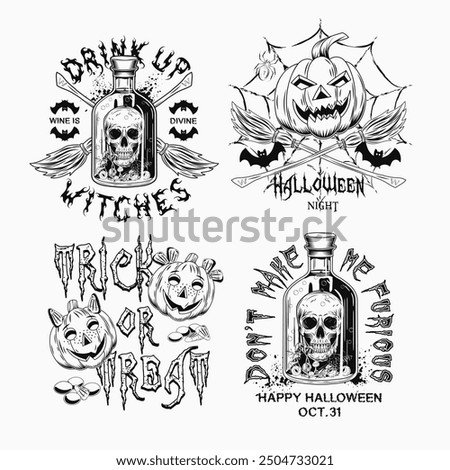 Labels with bottle with skull and poisonous potion, criss crossed brooms, spider web, pumpkin heads, text. Black and white witchy illustrations on white background in vintage style