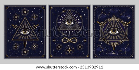 Posters, cards with with all seeing eye, eye of providence in pyramid. Concept of harmony of universe, wisdom, secret knowledge, extended mind. Mystical boho illustration in vintage style.