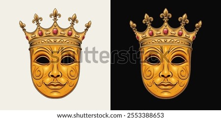 Carnival golden luxury venetian face mask with crown with red gemstones ruby, fleur de lis sign on points. Detailed illustration in vintage style. Front view.