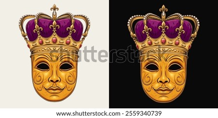 Carnival golden venetian face mask with imperial crown with red gemstones ruby, pearls, fleur de lis sign on points, purple velvet. Detailed illustration in vintage style. Front view.