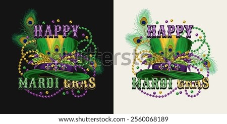 Mardi Gras emblem with tall top hat with belt, fleur de lis pins, bunch of colorful feathers, intertwined interlaced strings of beads, text. Holiday composition in vintage style.