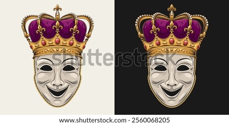 Theatrical comedy face mask with imperial crown with red gemstones ruby, pearls, fleur de lis sign on points, purple velvet. Detailed illustration in vintage style. Front view.