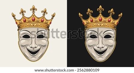 Theatrical comedy face mask with golden crown with red gemstones ruby, fleur de lis sign on points. Detailed illustration in vintage style. Front view.