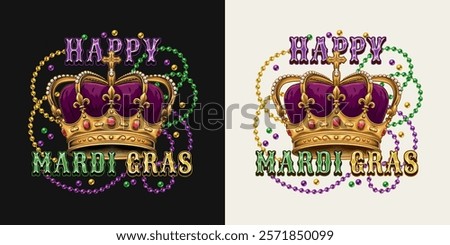 Mardi Gras emblem with golden imperial crown with red gemstones ruby, fleur de lis sign on points, intertwined interlaced strings of beads, text. Holiday composition in vintage style.