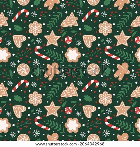 Gingerbread seamless pattern. Festive background with cookies, candies, leaves and berries.