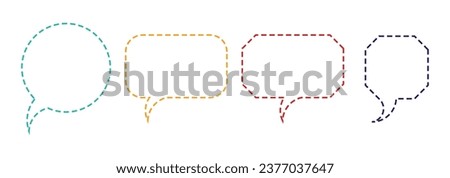 Dashed line speech bubbles, chatting box, message box outline cartoon vector illustration. Empty speak bubble doodle style of thinking sign symbol. Square and circle shape communication boxes.