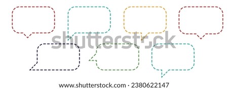 Dashed line speech boxes, chatting boxes, and message boxes outline cartoon vector illustrations. Empty speak bubble doodle style of thinking sign symbol. Square and circle-shaped communication boxes