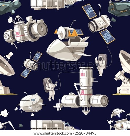 seamless pattern with mission of astronauts in space, galaxy,  spaceships, geostationary, spaceship, satellites, navy vector art illustration design