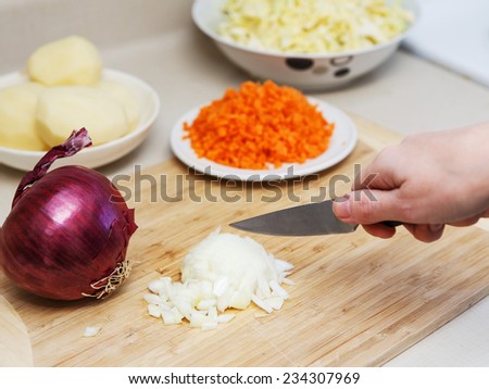 Ingredients for soup on a wooden cutting board, person chopping cutting onion, potato, carrot with knife