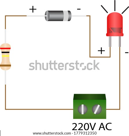 Illustration of the electric circuit of a series connection of Light Emitting Diode, Diode , Resistor.