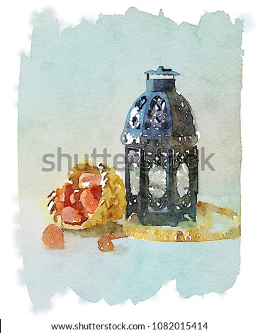 A watercolor illustration or painting of a Ramadan lantern and date fruit. A religious Islamic greeting card drawings.