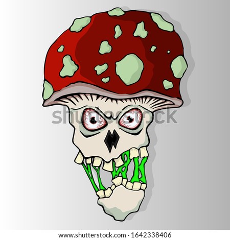 Fly-agaric character with toxic spit. Infected Amanita muscaria mushroom creepy head with falling off jaw