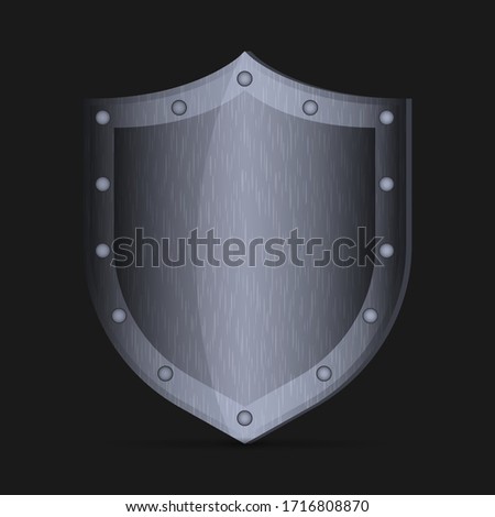Realistic vector metal shield, European medieval knight equipment. Shield ancient, isolated armor on dark background.