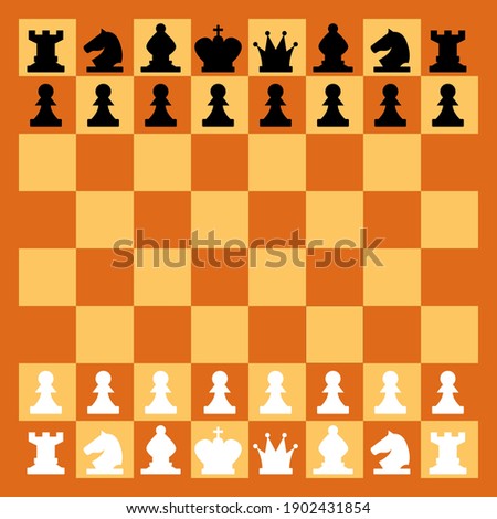 Wood checkered chess board with chess pieces. Chessman in flat style. Game figures vector illustration. Strategy game, intelligent hobby activity, competition or tournament