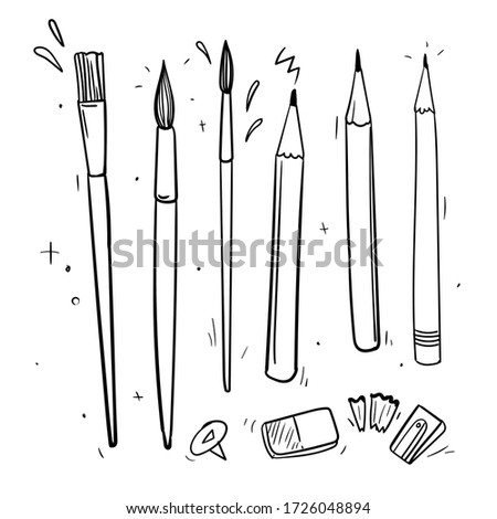 vector hand drawn painting tools, art materials. mixed media set. brush, pencil, eraser, pencil sharpener