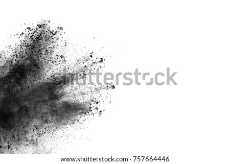 Black powder explosion. The particles of charcoal splatter on white background. Closeup of black dust particles splash isolated on  background. Imagine de stoc © 