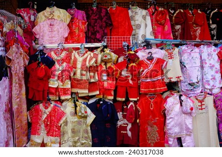 Children Chinese Costume - small old style Chinese costume for children on Bangkok China Town, Yaowarad. They are popular to wear during Chinese New Year