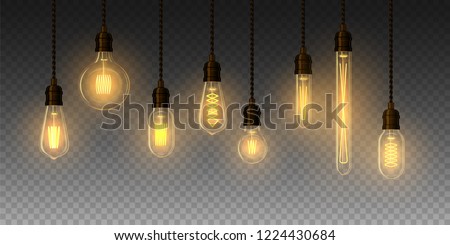 Set of realistic glowing lamp hanging on the wire. Incandescent lamp. Vector Imagine de stoc © 