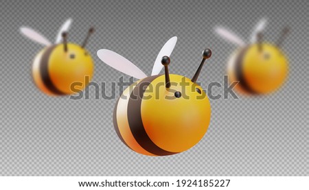 A set of bees in focus and out of focus. Two blur step. Cartoon style. 3D illustration. Vector.